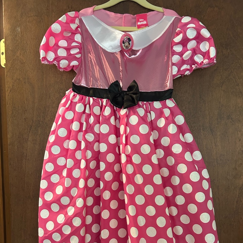 Disney Minnie Mouse Pink and White Polka Dot Dress with Black Bow